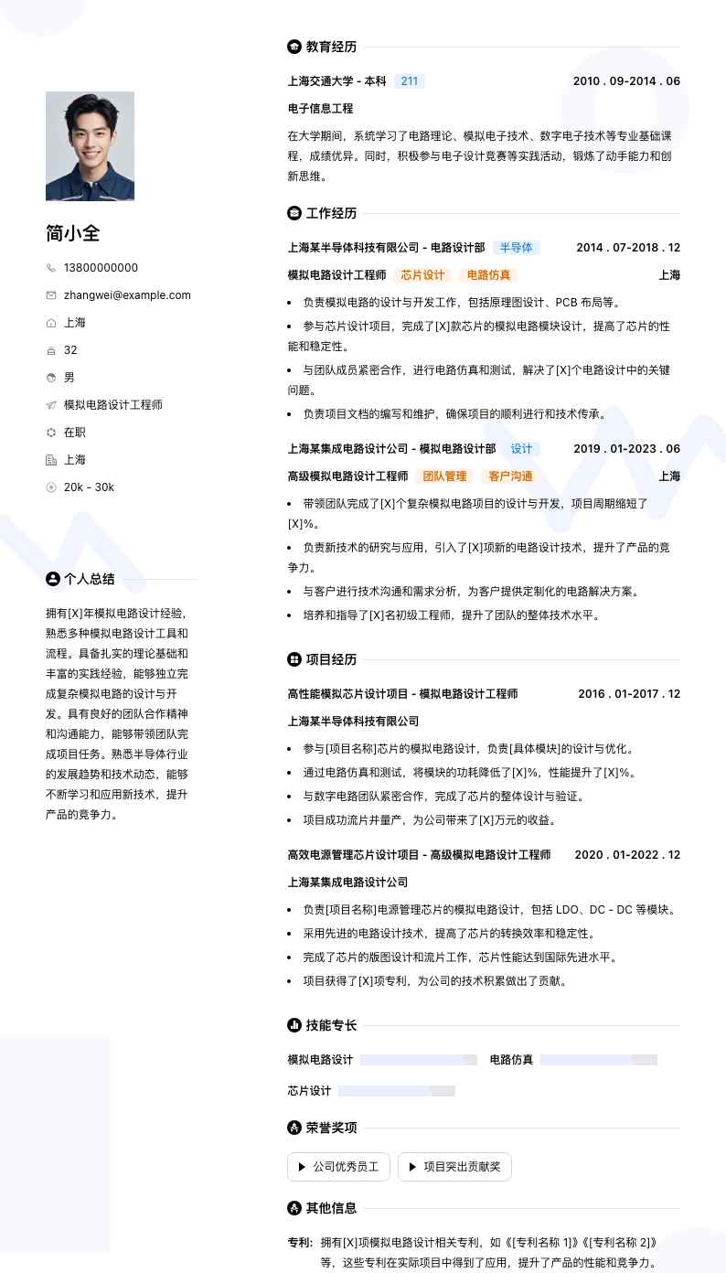 模拟电路设计工程师简历模板