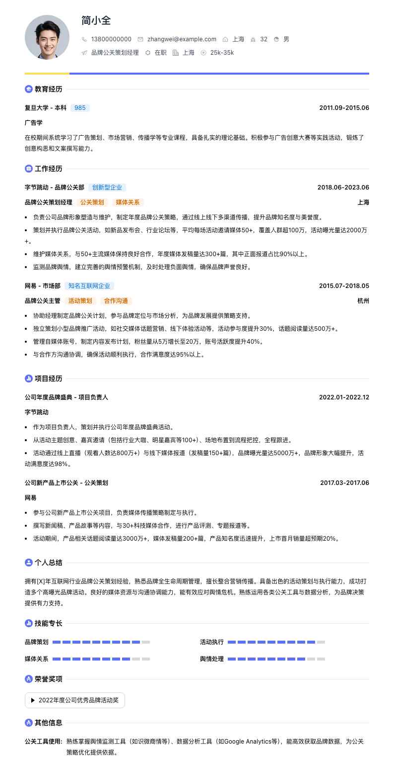 品牌公关策划经理简历模板