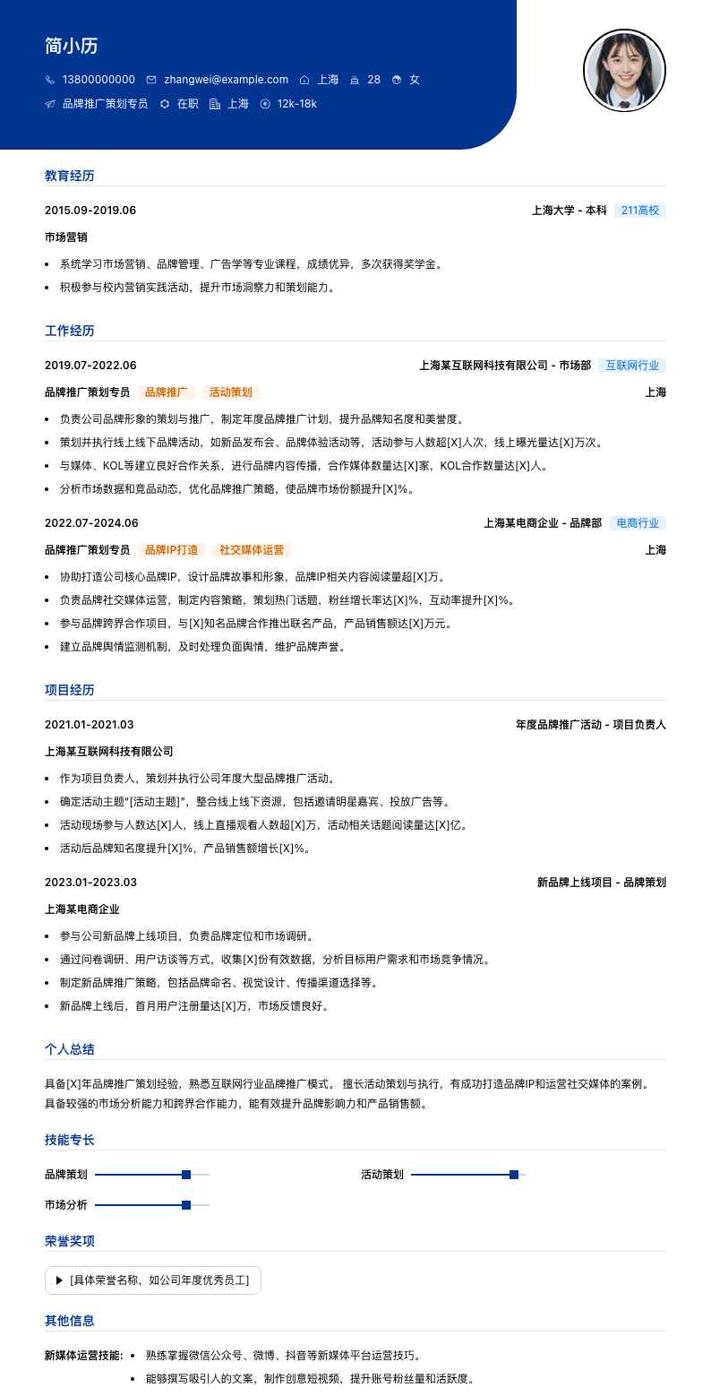 品牌推广策划专员简历模板