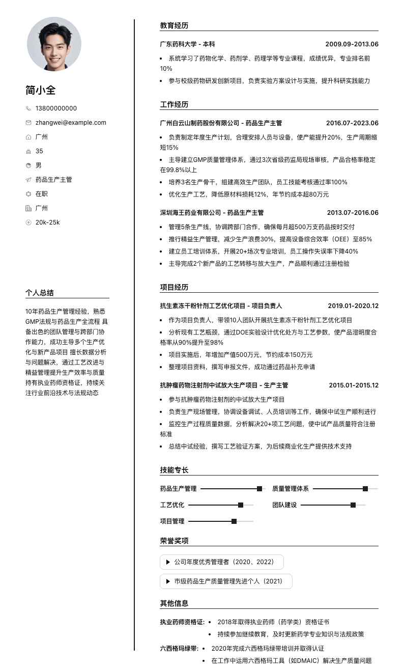 药品生产主管简历模板