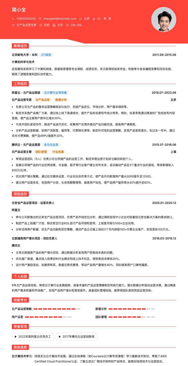 云产品运营专家简历模板