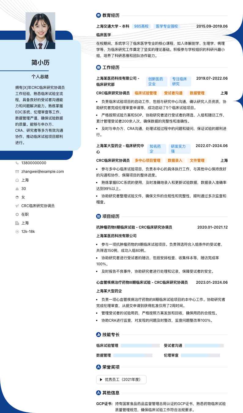 CRC临床研究协调员简历模板