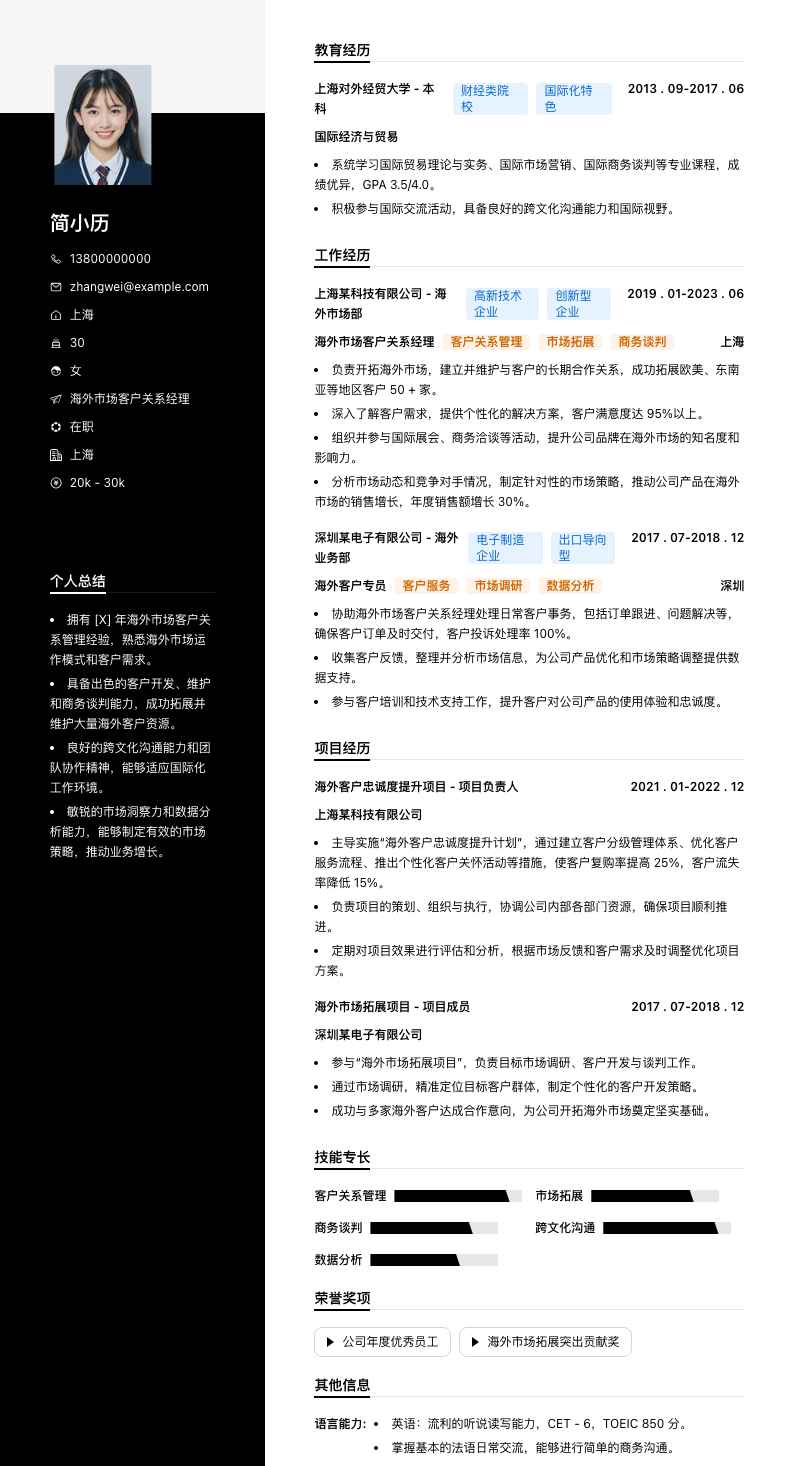 海外市场客户关系经理简历模板