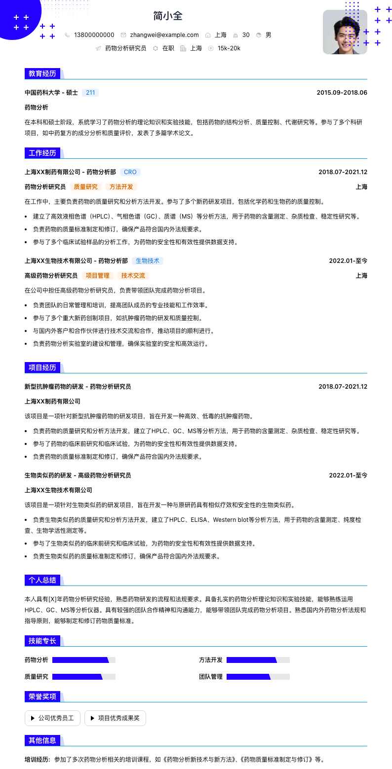 药物分析研究员简历模板