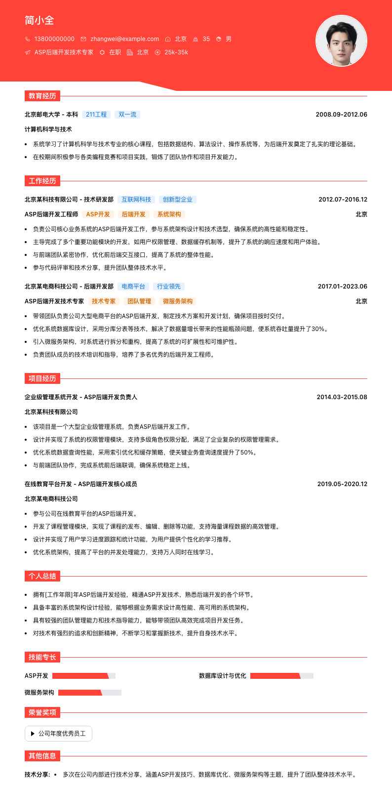 ASP后端开发技术专家简历模板