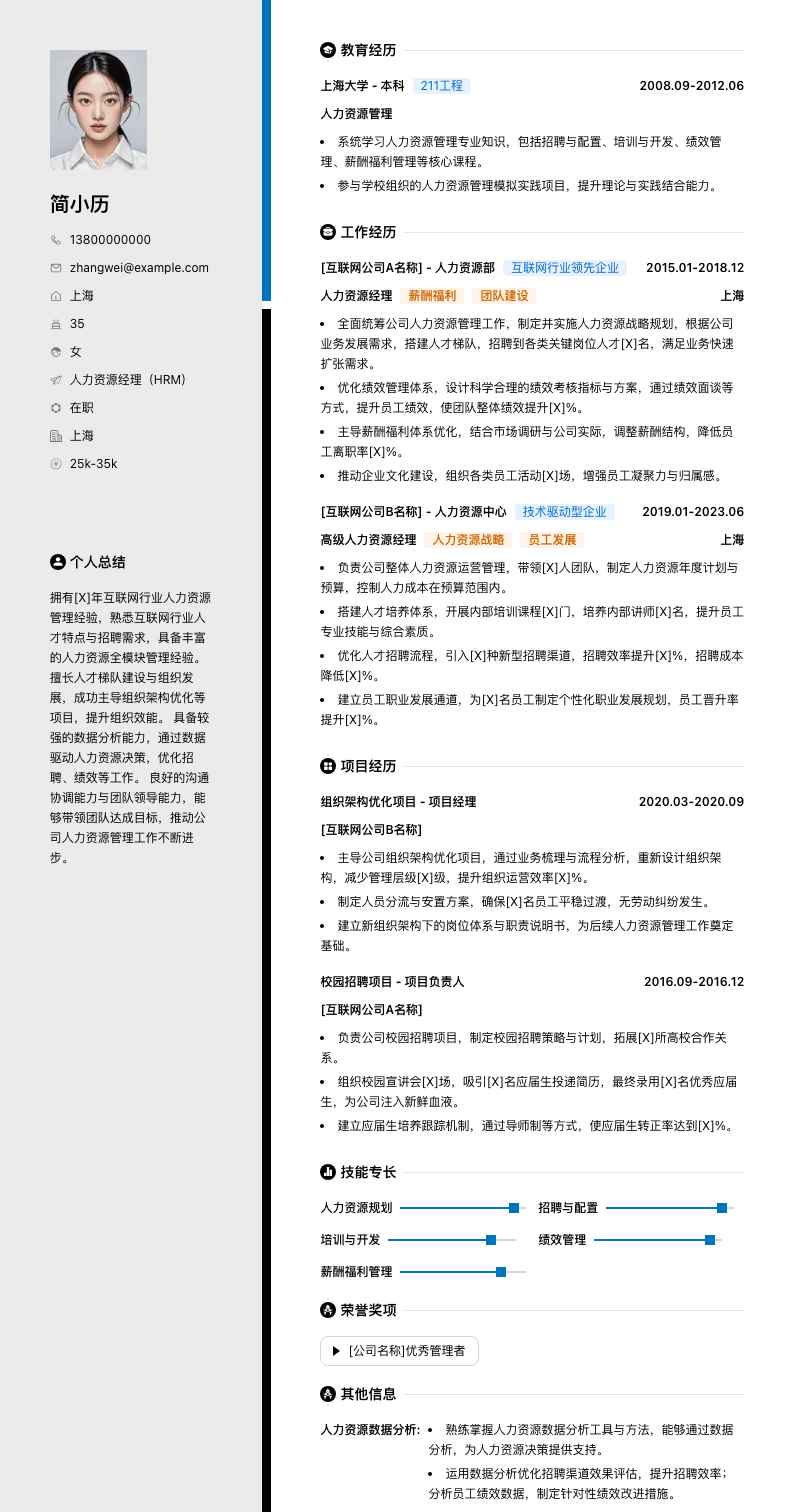 人力资源经理hrm简历模板