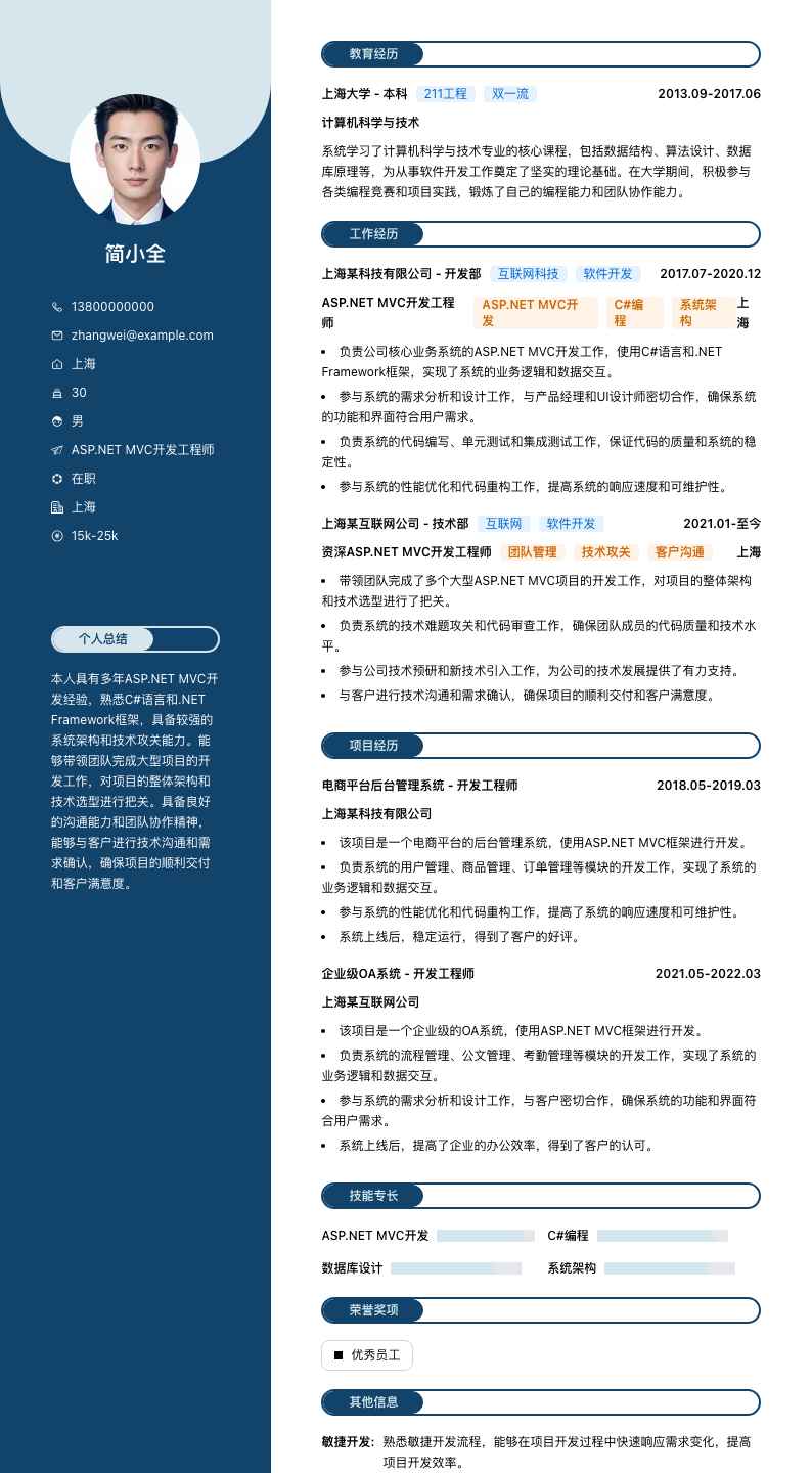 ASP.NET MVC开发工程师简历模板