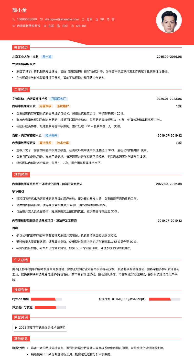 内容审核居家简历模板