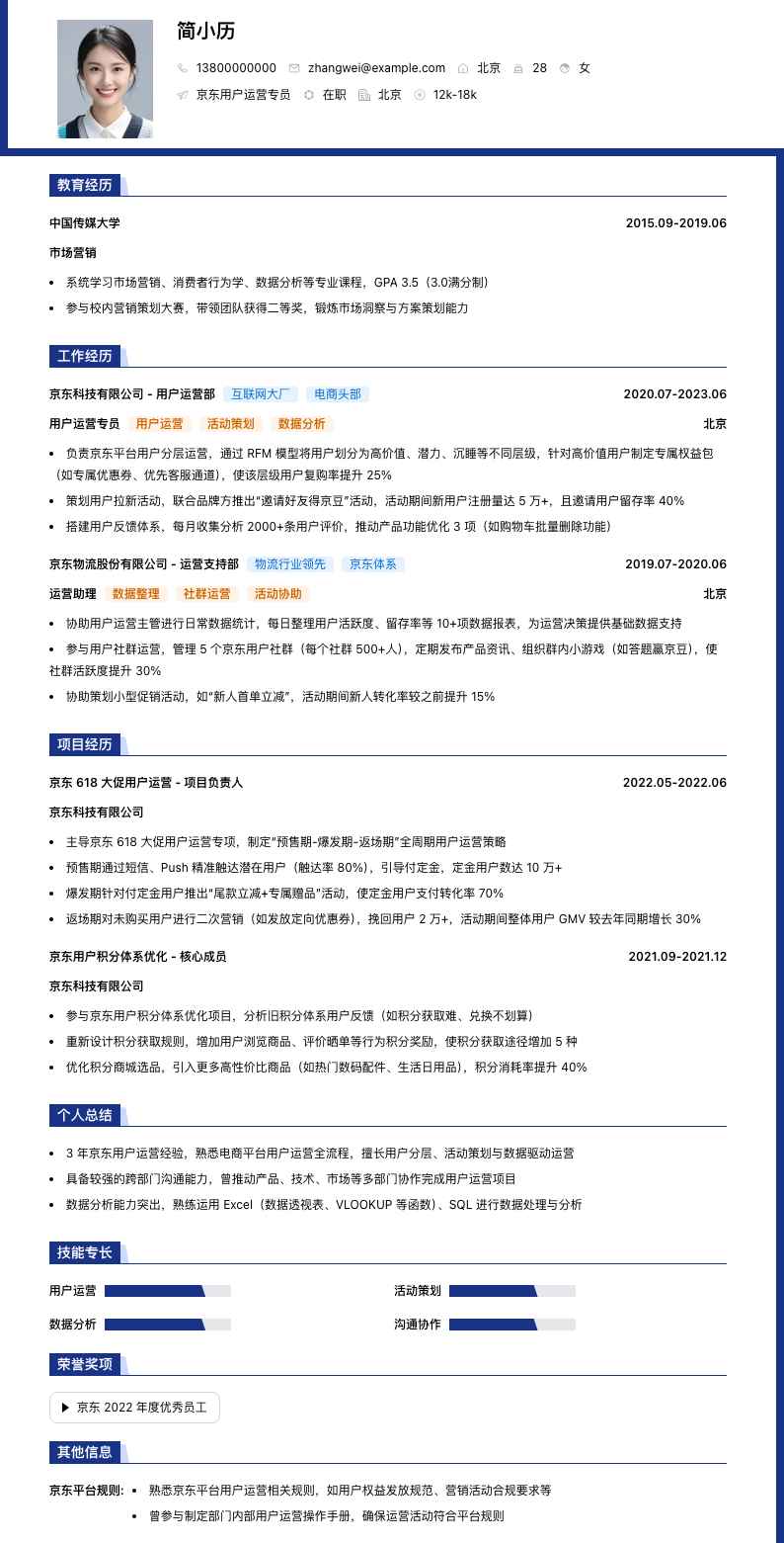 京东用户运营专员简历模板