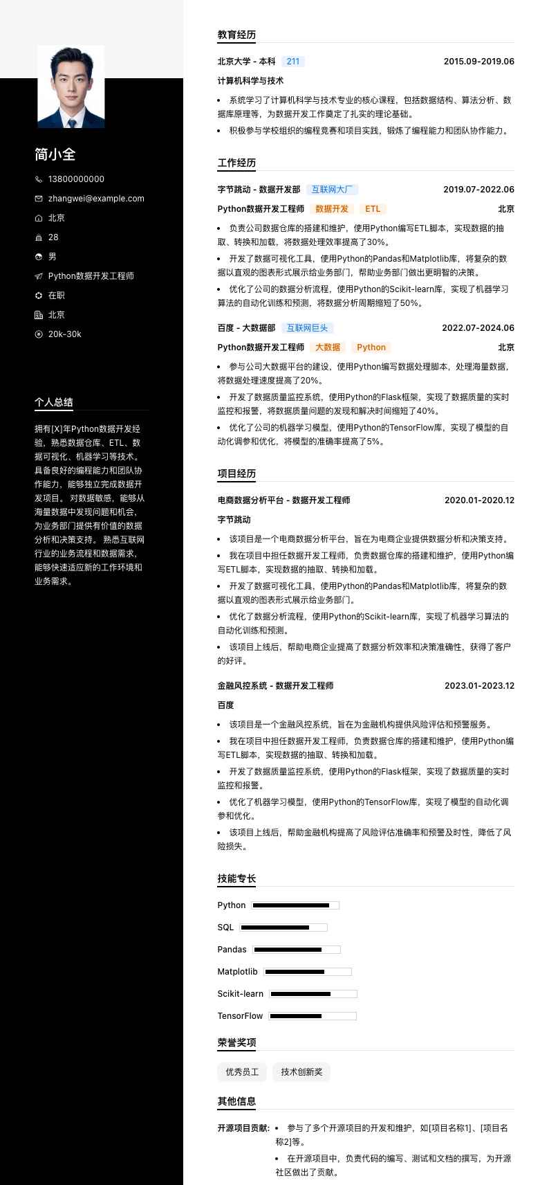 python数据开发简历模板