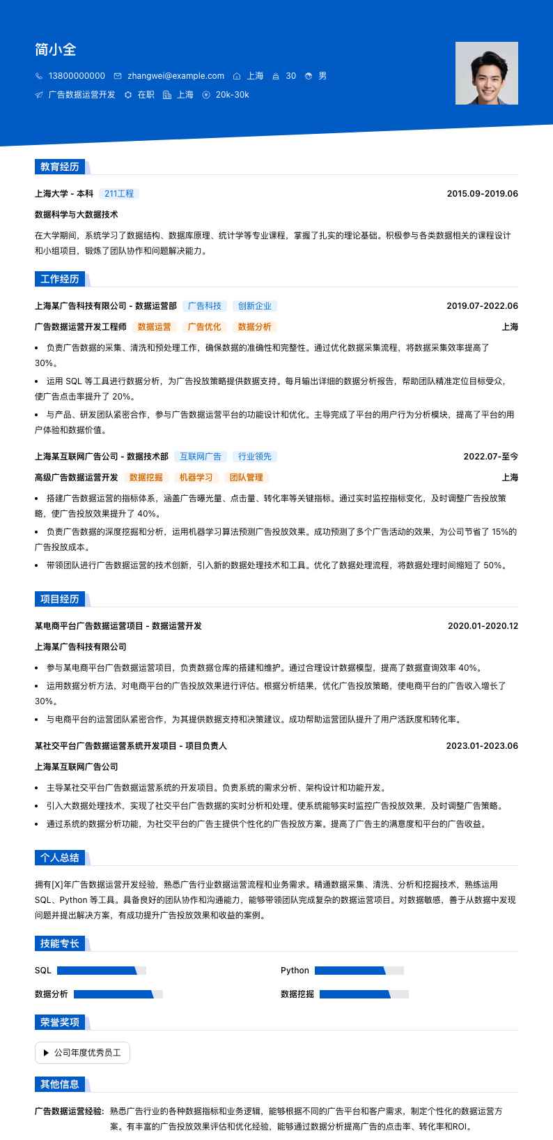 广告数据运营简历模板