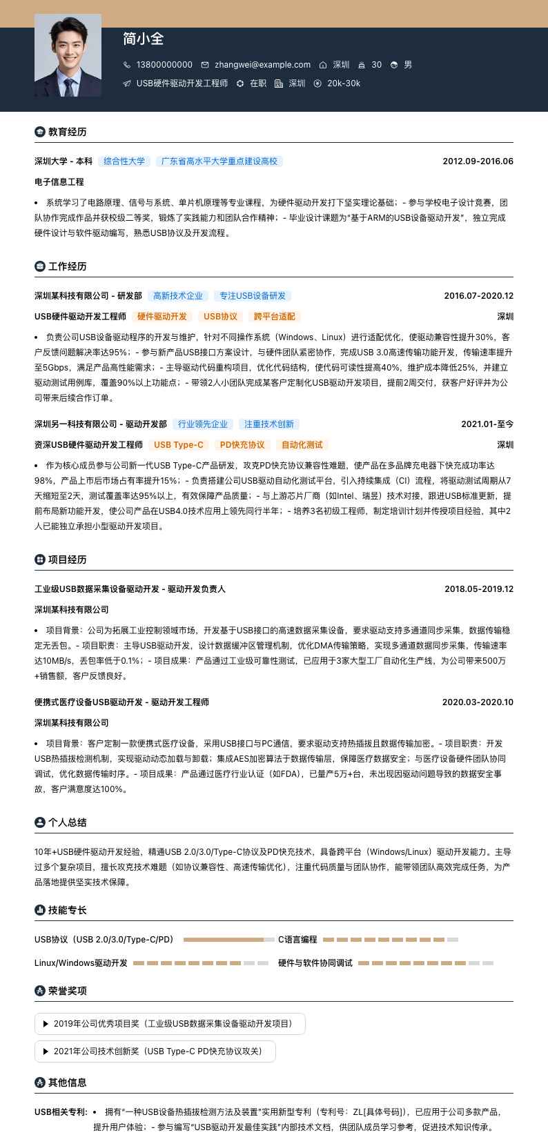 USB硬件驱动开发工程师简历模板