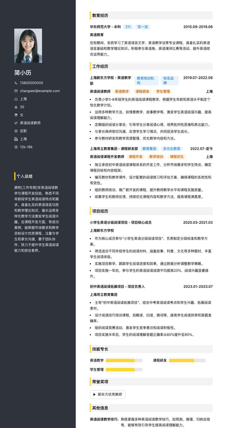 英语阅读教师简历模板