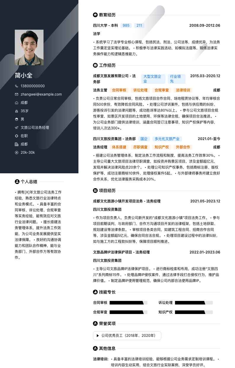 文旅公司法务经理简历模板