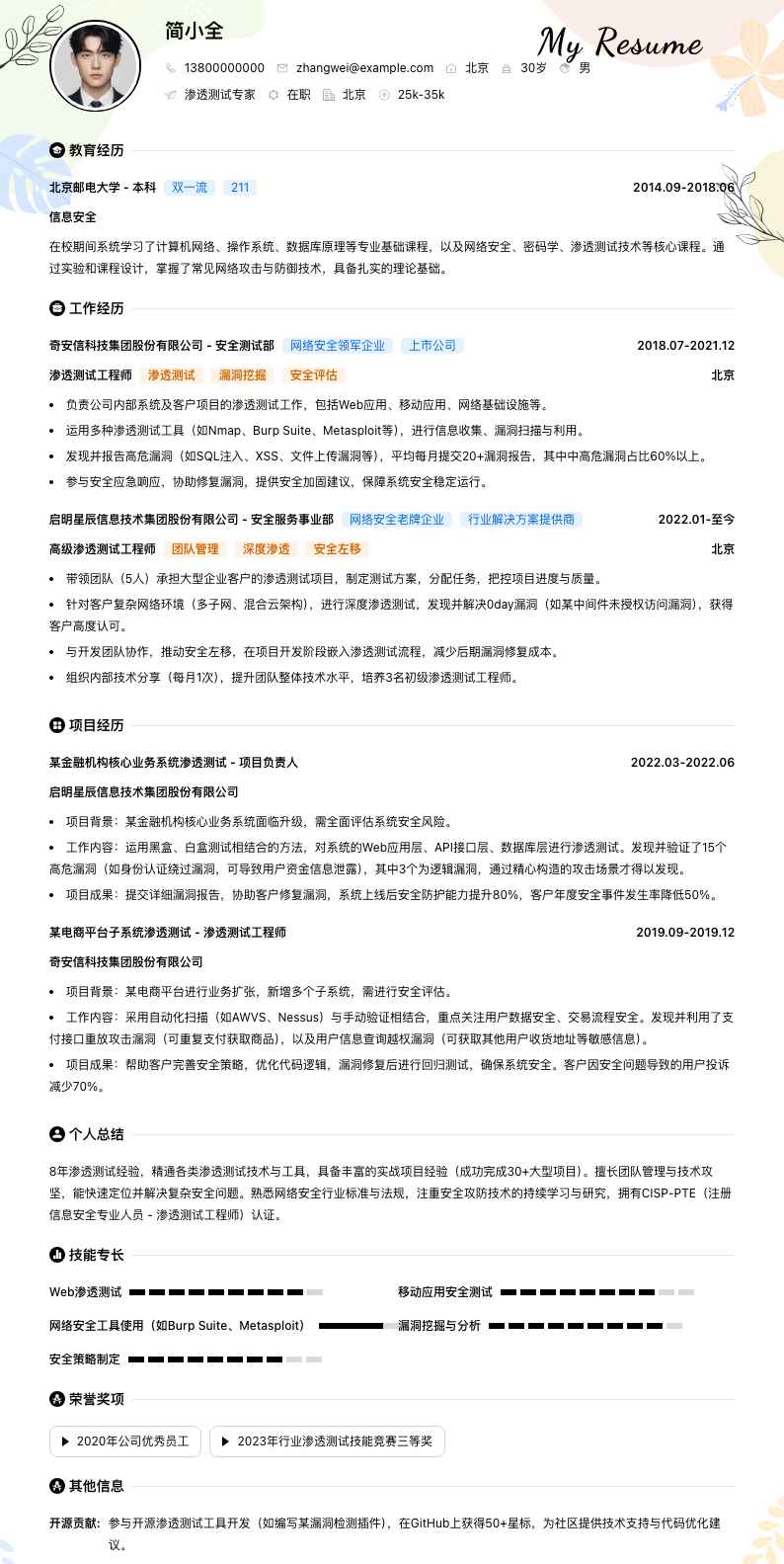 渗透测试专家简历模板