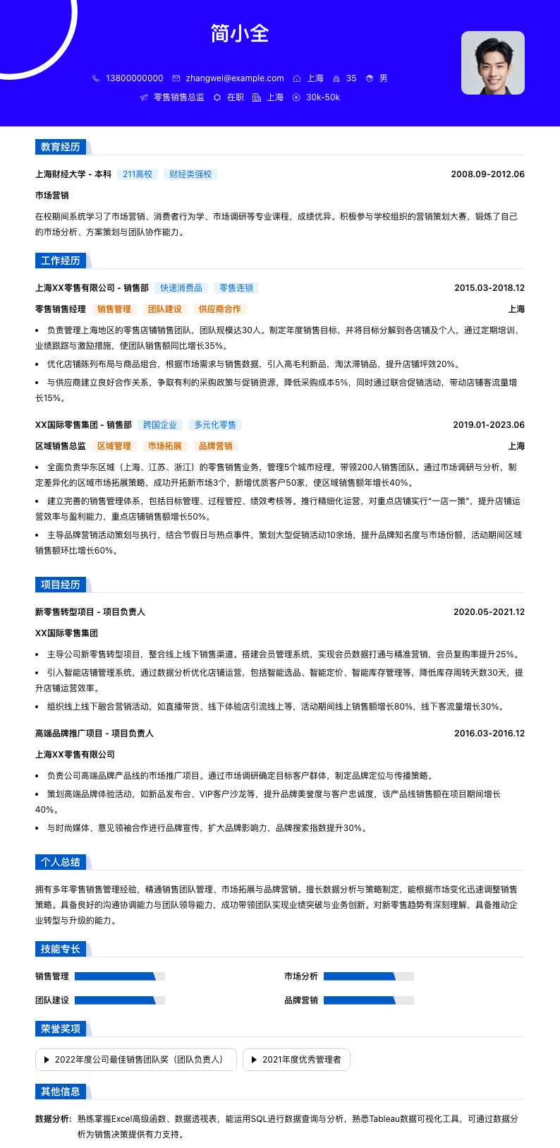 零售销售总监简历模板