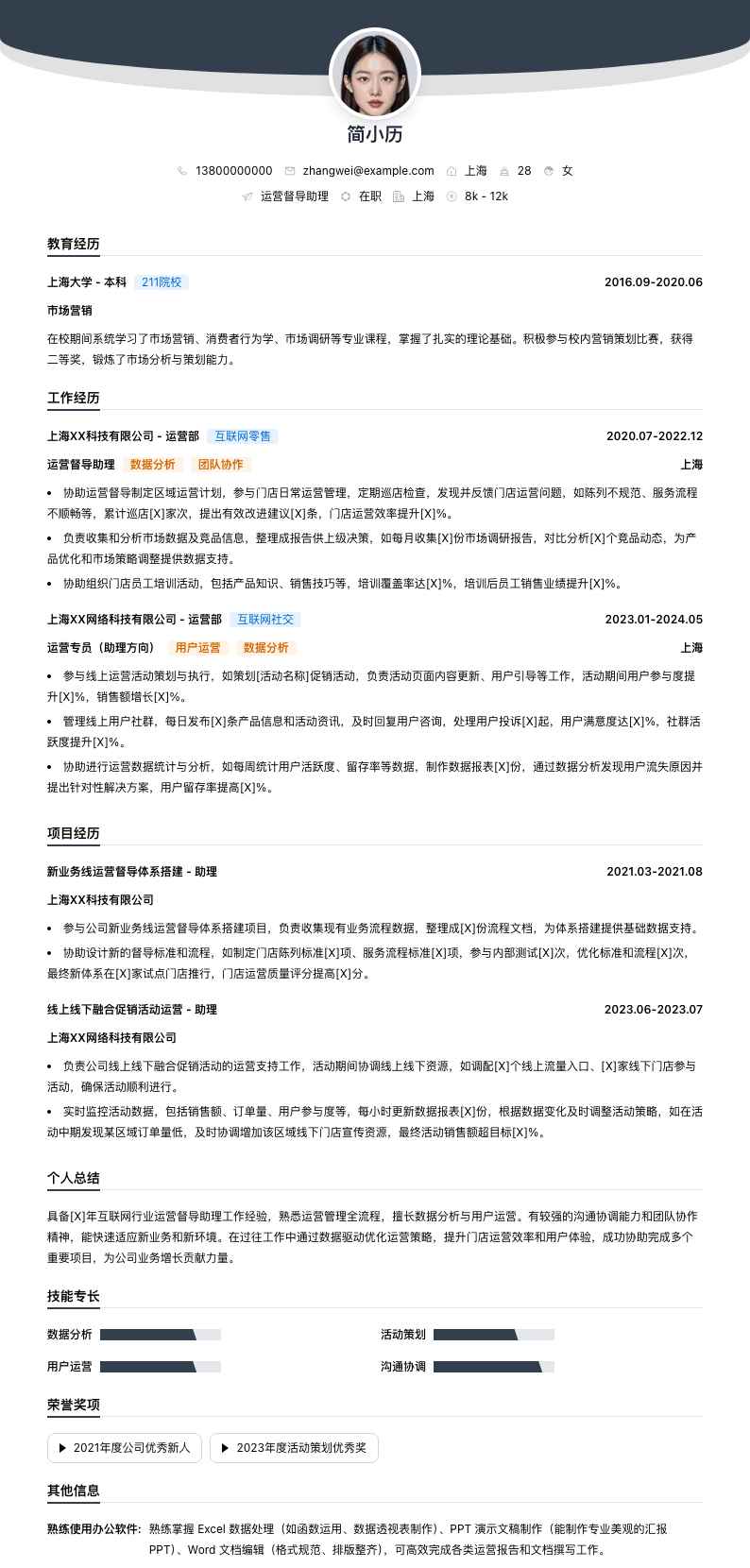 运营督导助理简历模板