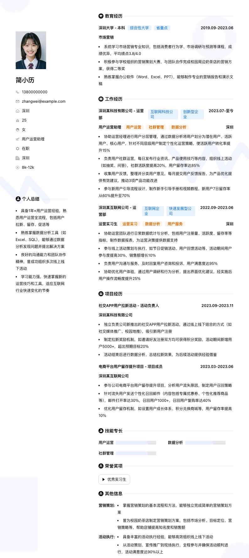 用户运营助理简历模板