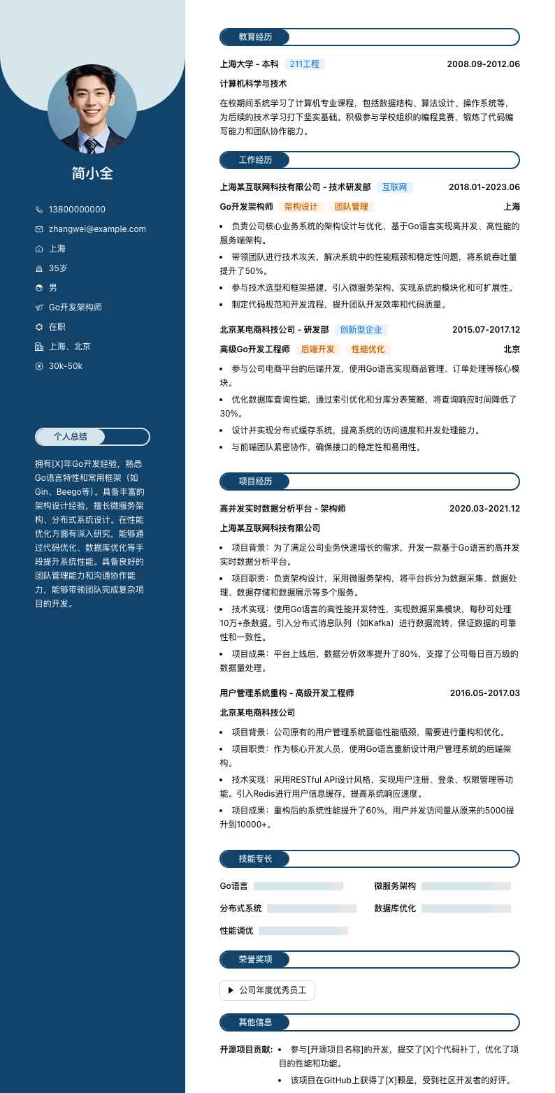 go开发架构师简历模板