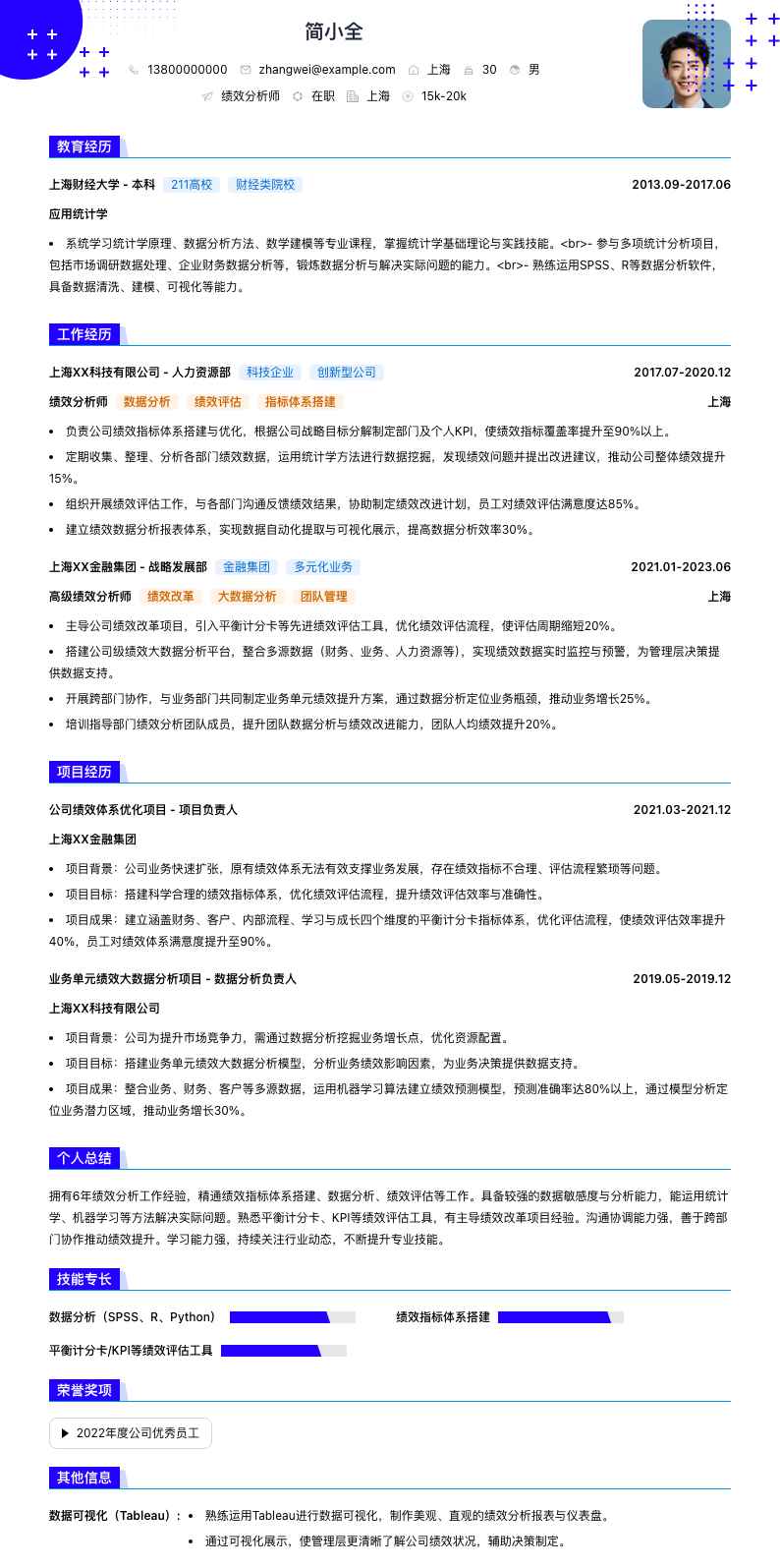 绩效分析师简历模板