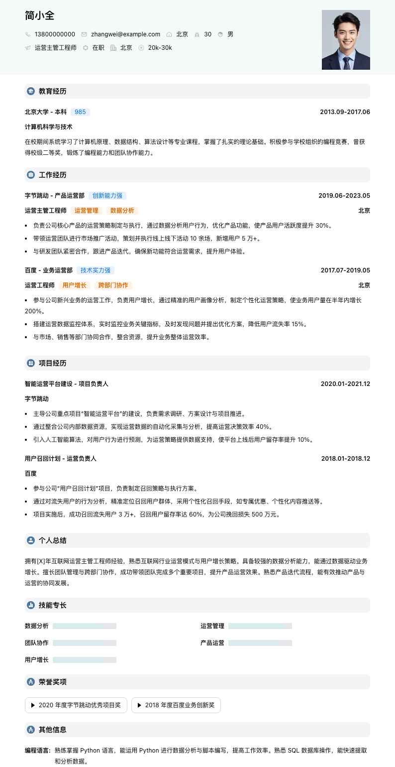 运营主管工程师简历模板