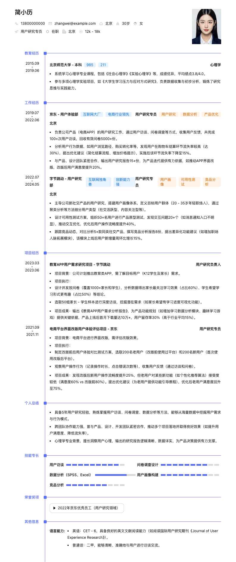 用户研究专员简历模板