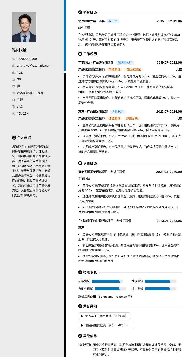 产品研发测试工程师简历模板