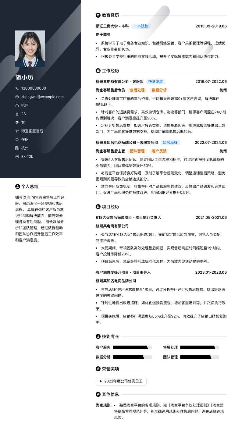 淘宝客服售后简历模板