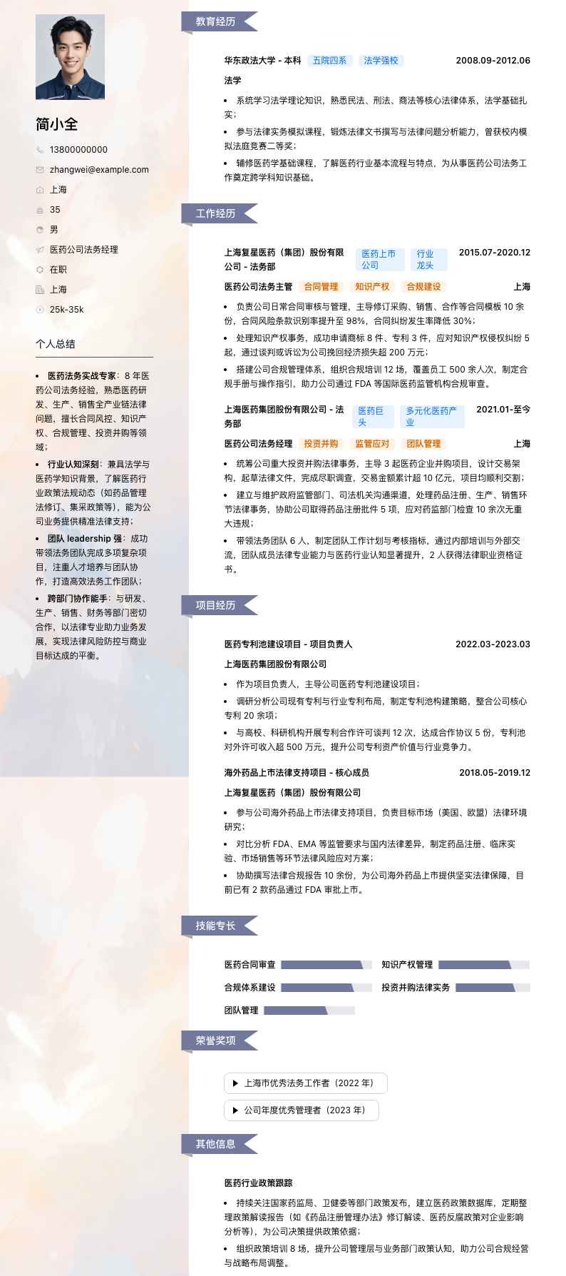 医药公司法务经理简历模板