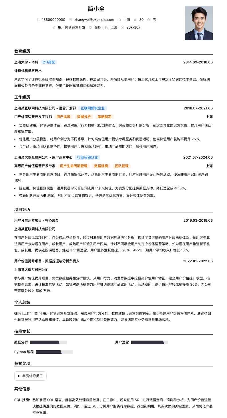 用户价值运营简历模板