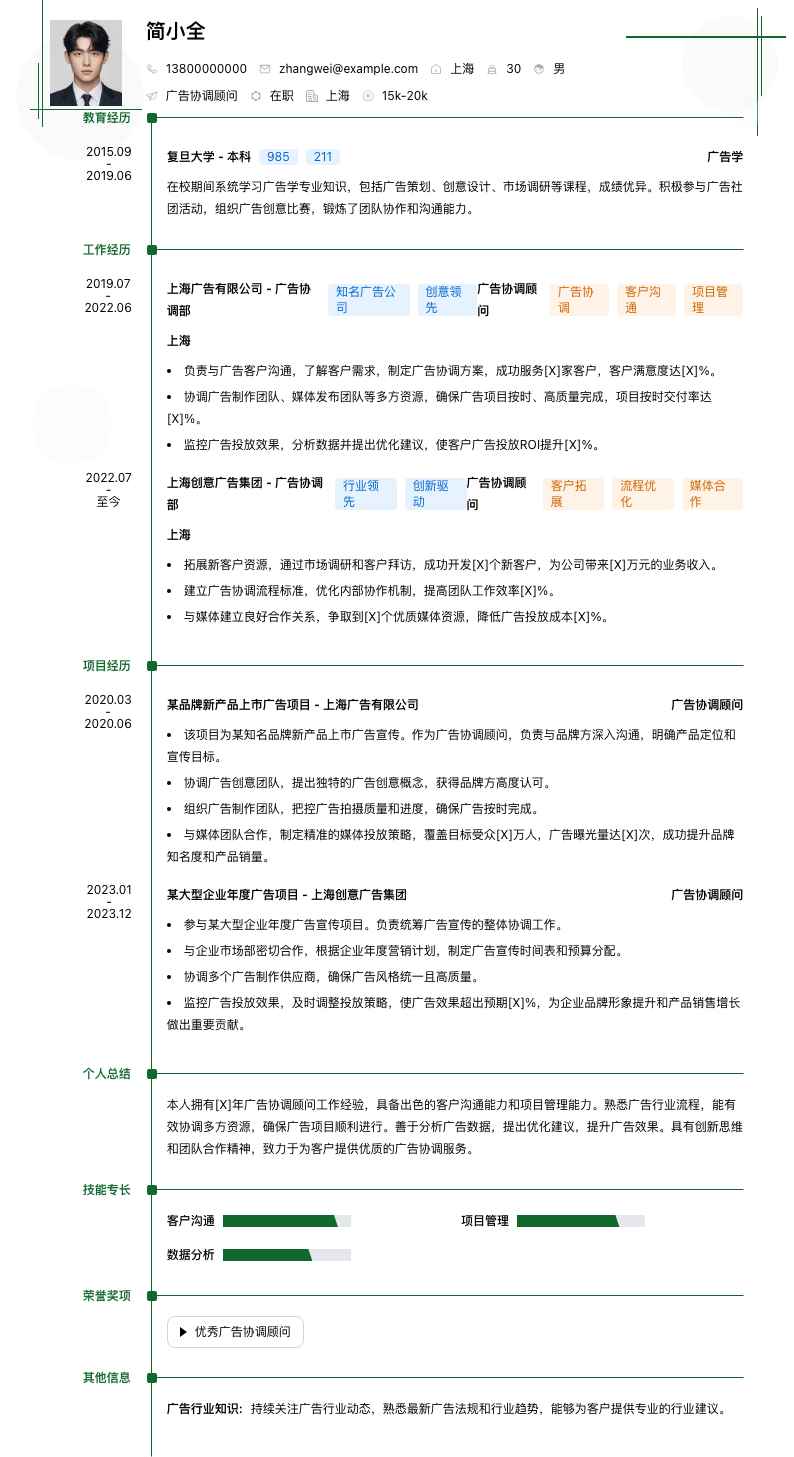 广告协调顾问简历模板