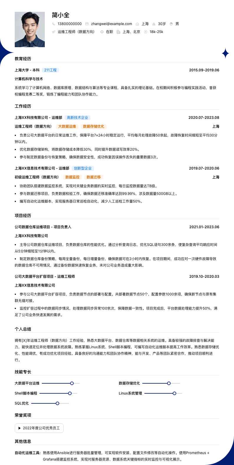 运维工程师（数据方向）简历模板