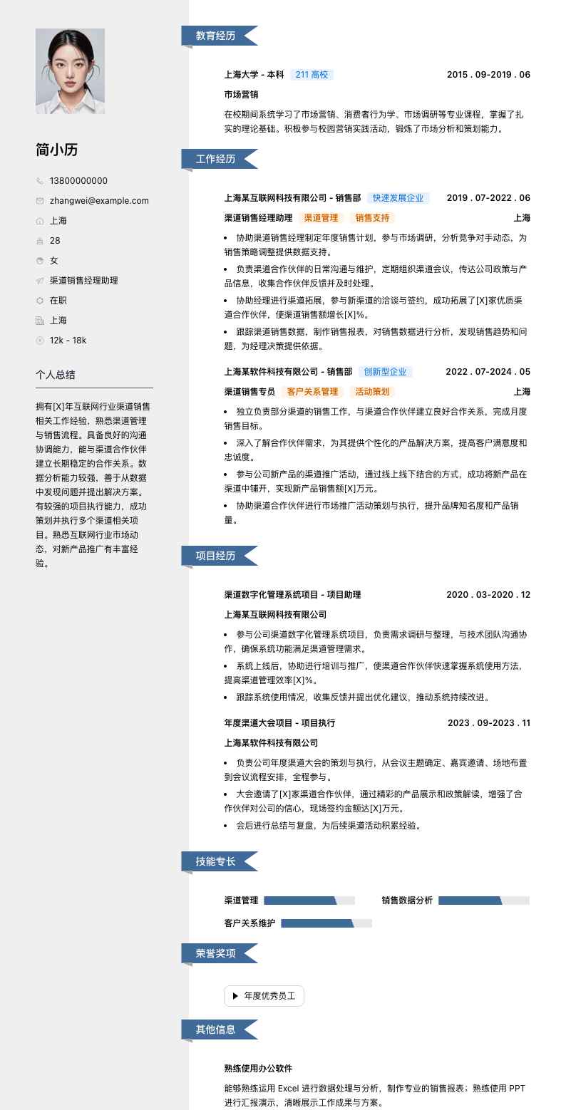 渠道销售经理助理简历模板