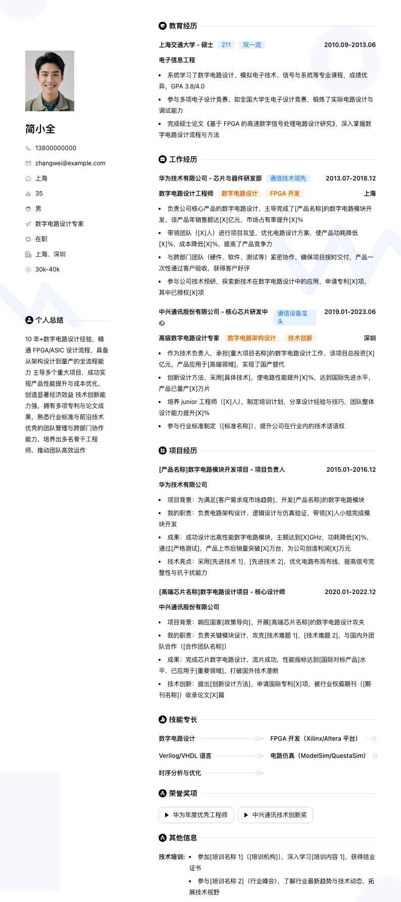 数字电路设计专家简历模板