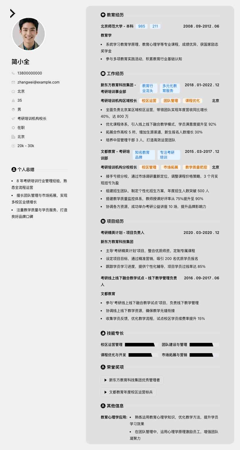 考研培训机构校长简历模板