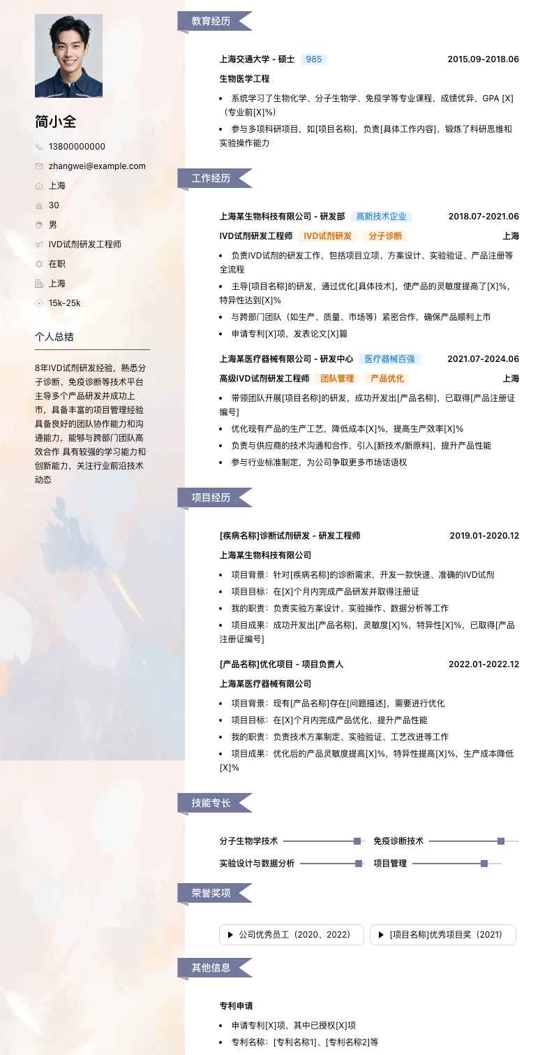 ivd试剂研发工程师简历模板