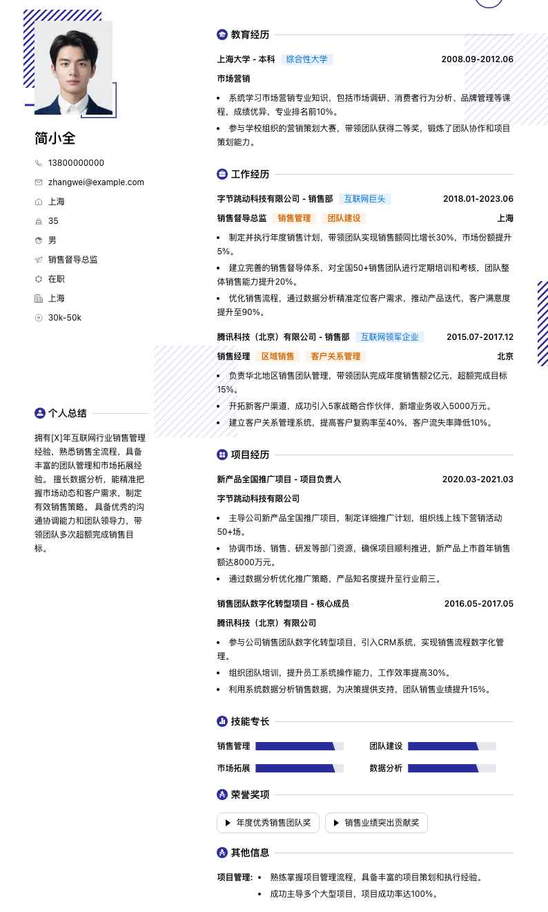销售督导总监简历模板