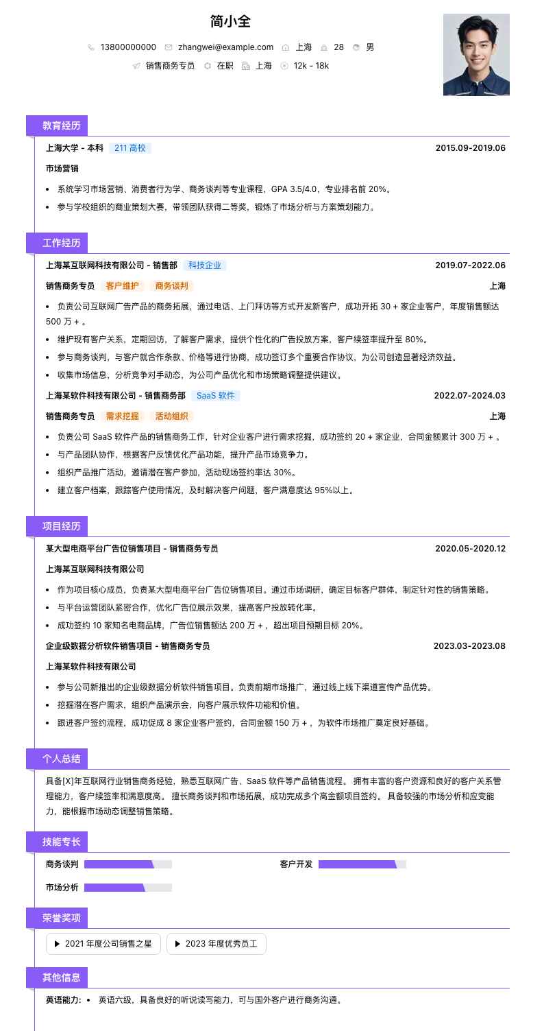 销售商务专员简历模板