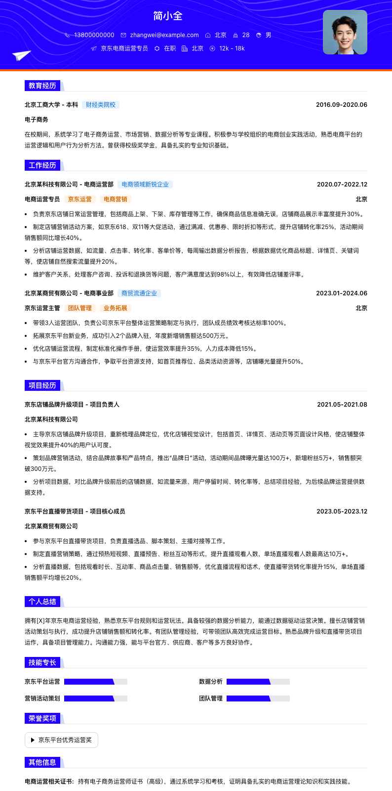 京东电商运营专员简历模板