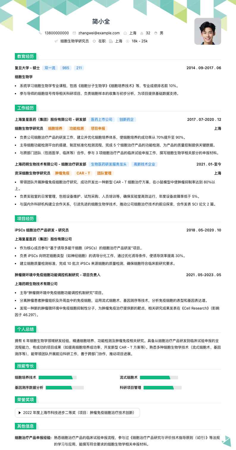 细胞生物学研究员简历模板