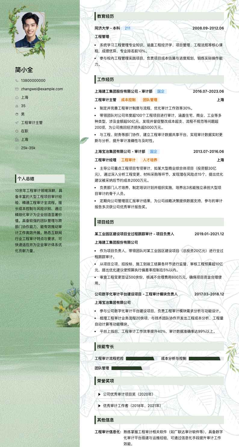 工程审计主管简历模板