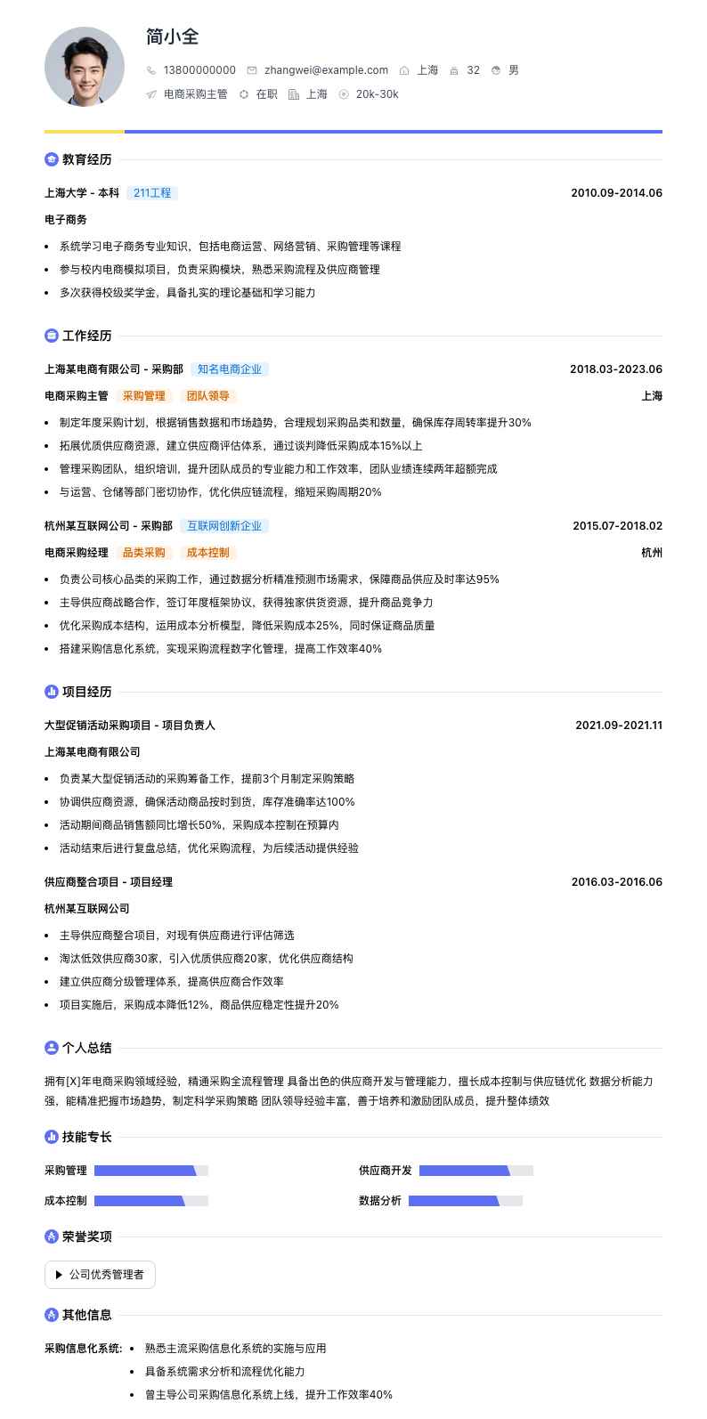 电商采购主管简历模板