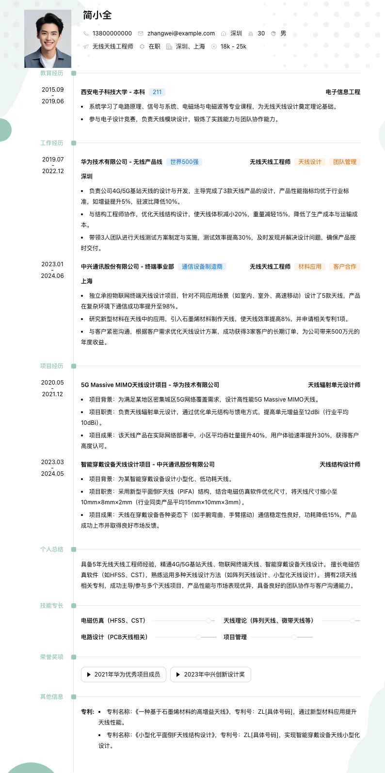无线天线工程师简历模板