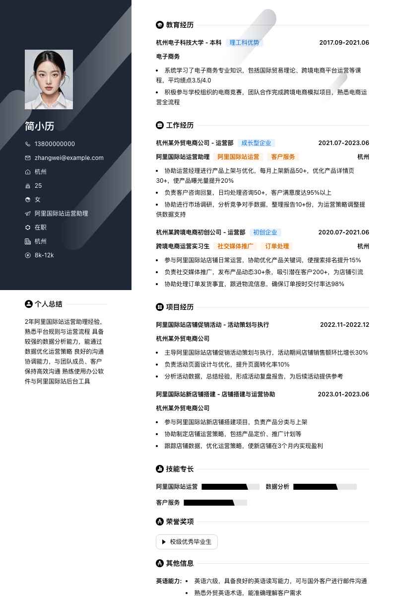 阿里国际站运营助理简历模板