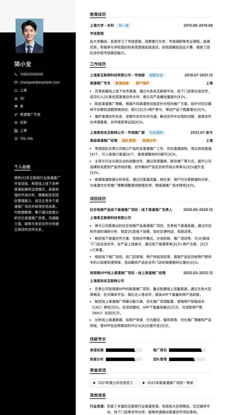 渠道推广简历模板