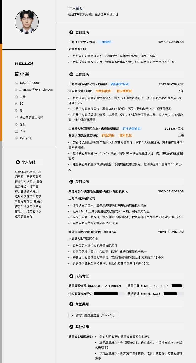 供应商质量工程师简历模板