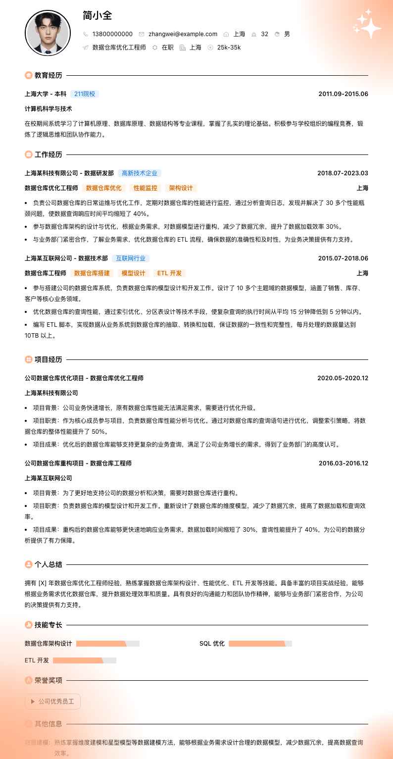 数据仓库优化工程师简历模板