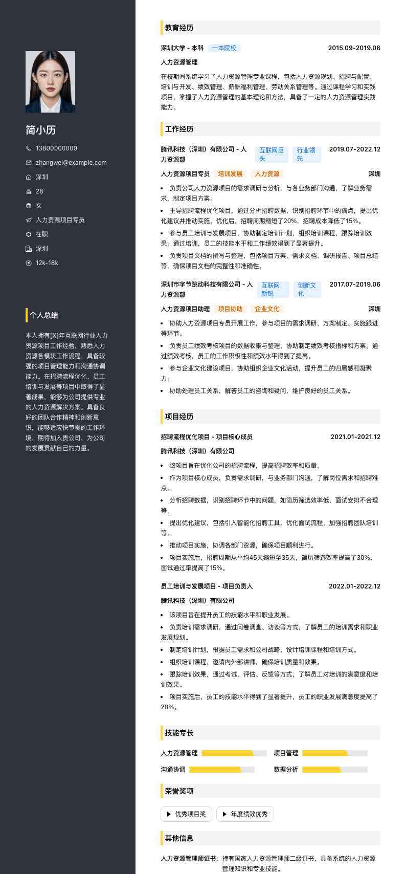 人力资源项目专员简历模板