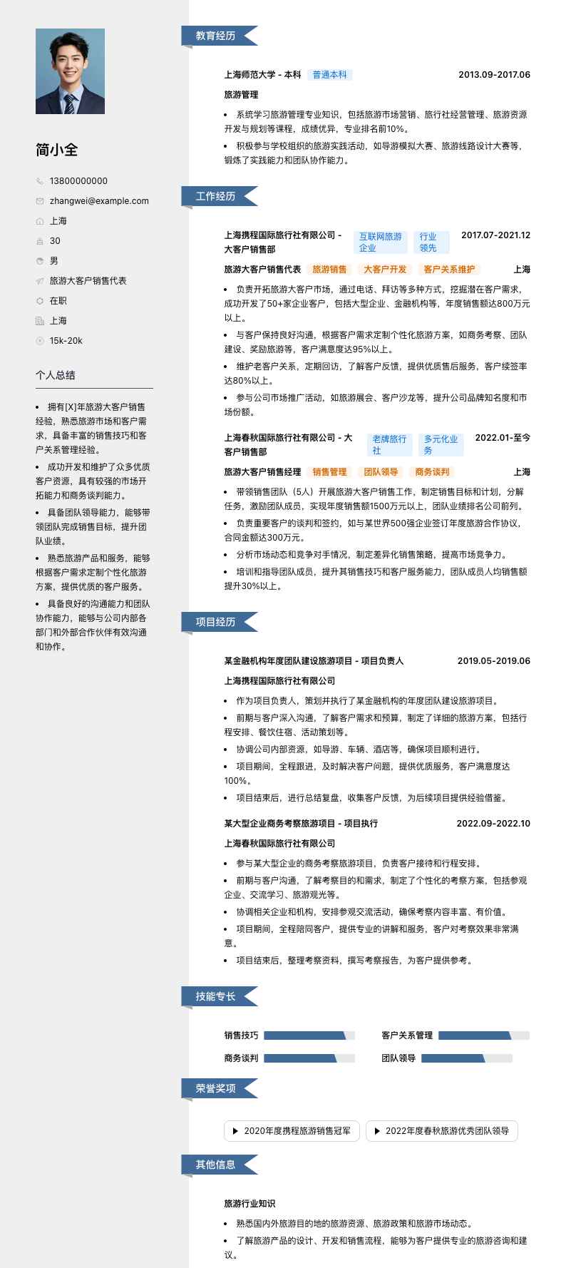 旅游大客户销售代表简历模板