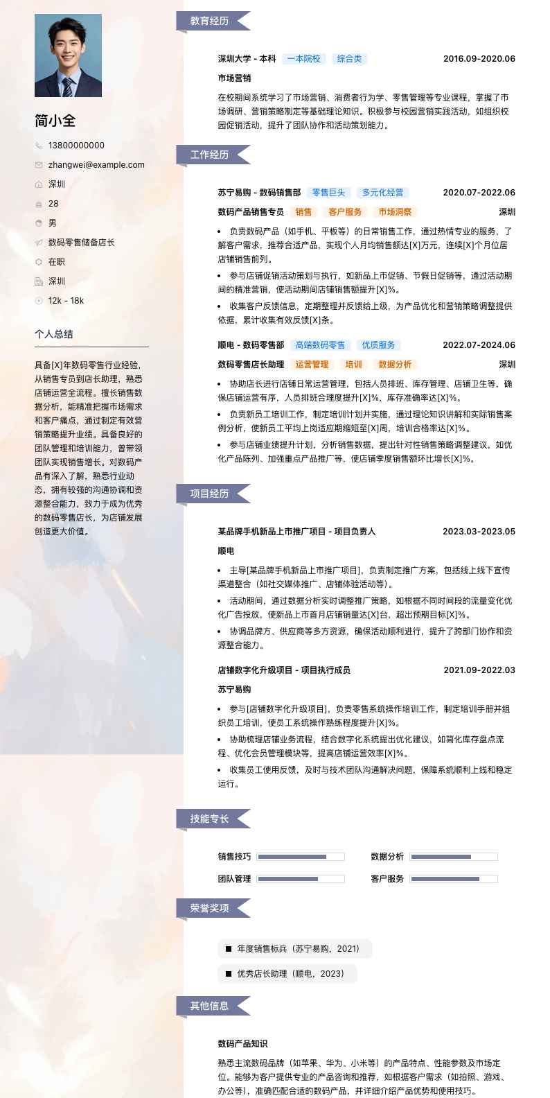 数码零售储备店长简历模板